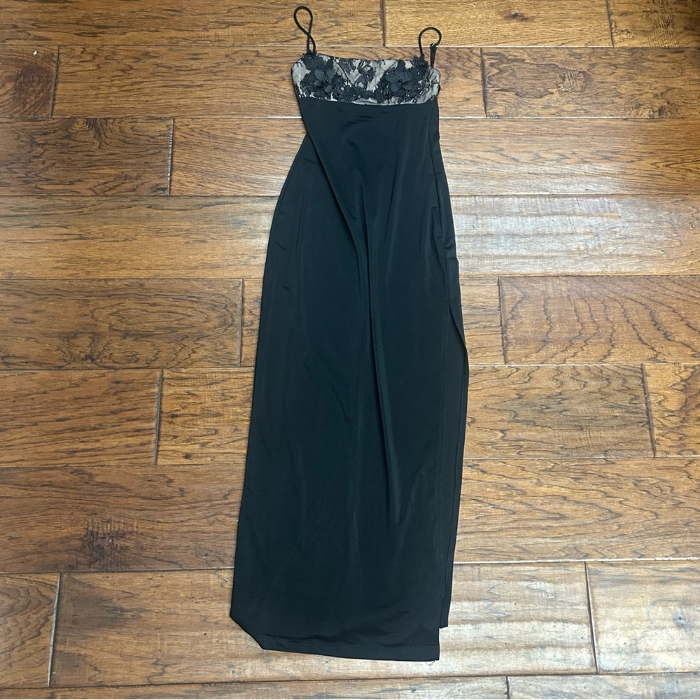 Saints & secrets romantic formal glam Elegant Black Lace Trim satin sexy Dress